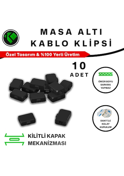 10 Adet Kilitli Masa Altı Kablo Klipsi - Güçlü 3m Bantlı Kablo Yönlendirici Ve Düzenleyici Kelepçe - Siyah