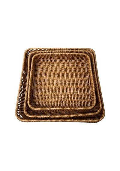 3 Lü Rattan Tepsi Dekoratif Tepsi Hasır Örme Tepsi Kare Krem