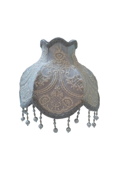 Gri Fransız Dantel Kadife Kumaş Başlık Burgulu Gümüş Ayaklı Klasik Model Abajur 50x30cm