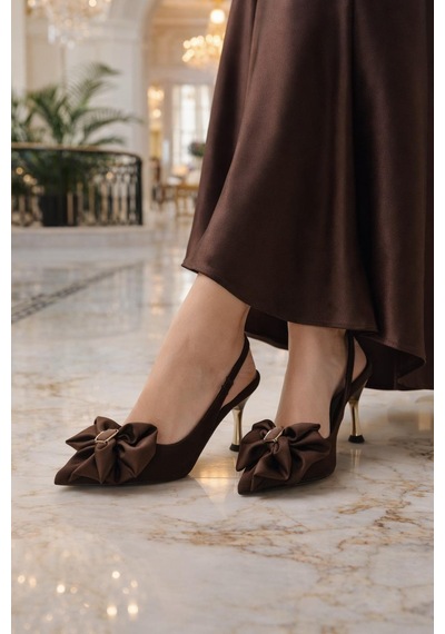 Modaonn Kadın Büyük Fiyonklu Slingback Topuklu Ayakkabı Kahverengi