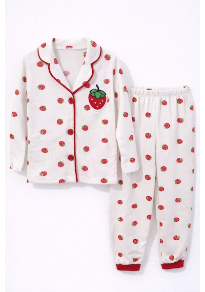 Çilek Desenli Yakalı Önü Düğmeli Kız Çocuk Pijama Takımı Beyaz