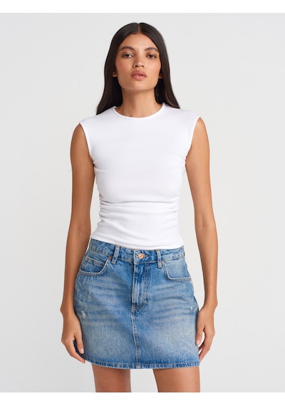 Dilvin 21054 Büzgülü Basic T-shirt-beyaz Beyaz