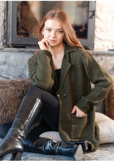 Düğme Detaylı Örme Hırka Haki