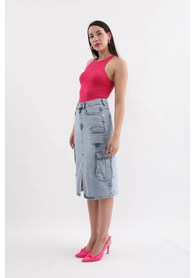 Banny Jeans Kadın Kargo Cepli Önden Yırtmaçlı Jean Etek Buz Mavi 001
