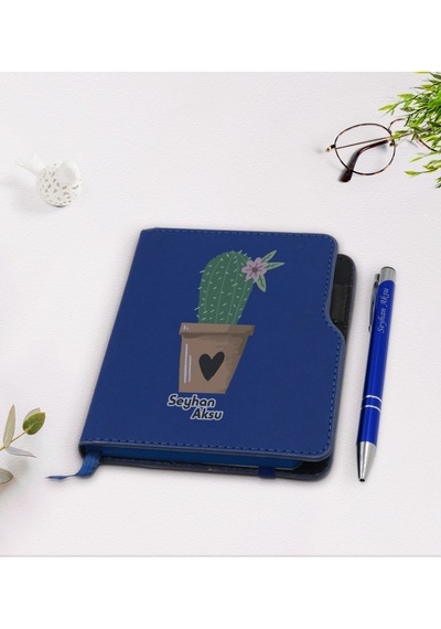 Kişiye Özel Kaktüs Tasarımlı Lacivert Termo Deri Defter Kalem Set N11.2128