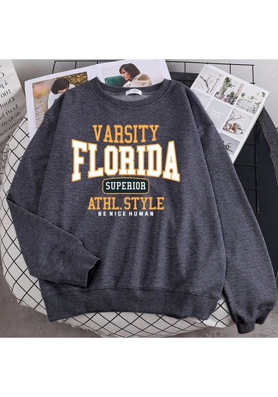Startmore Startmoretrend Casual Kadın Kazak Florida Üstün Athl Tarzı Baskı Hoody Sıcak Damla Kollu Kazak Crewnec Antrasit