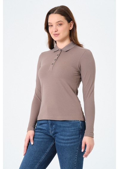 Msw Kadın Uzun Kollu Regular Fit Polo Yaka T-shirt Vizon