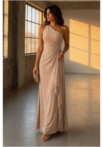 DefyModa Kadın Modern Stil Tek Omuz Kemerli Maxi Abiye Elbise Bej