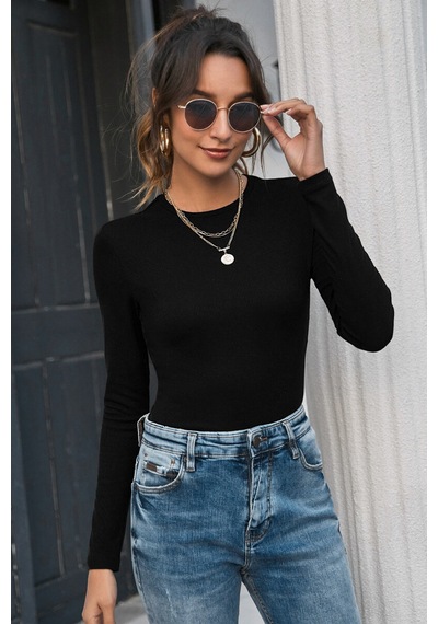 Kadın Siyah Uzun Kollu Fit Basic Crop Top Bluz