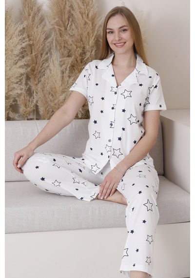 Wordex Mirano 6872 Kısa Kollu Yıldızlı Süprem Kumaş Düğmeli Kadın Pijama Takımı Beyaz