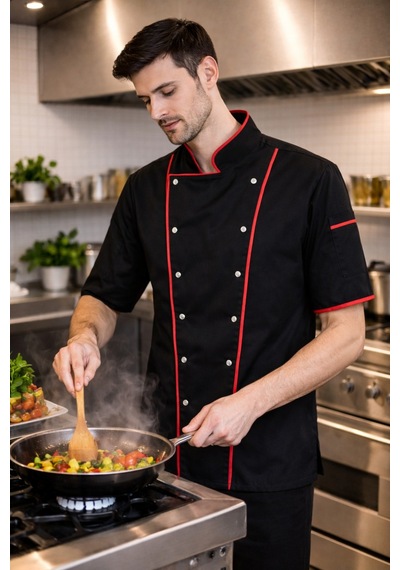 Kısa Kollu Chef Ceketi Profesyonel Aşçı Üniforması, Aşçı Gömleği Aşçı Forması Nakış Hediyeli Kırmızı