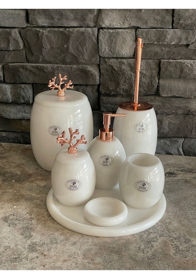 Beyaz Doğal Mermer Rose Gold Mercan Aksesuarlı Oval 7,li Banyo Seti Beyaz