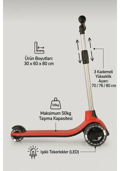 Led Işıklı Silikon 3 Tekerli Katlanabilir Yükseklik Ayarlı 50kg Taşıma Kapasiteli Çocuk Scooter Kırmızı