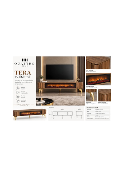 Tera Elektrikli Şömineli Tv Ünitesi 160 Cm Ceviz Gold Metal Ayaklı Modern Tv Sehpası