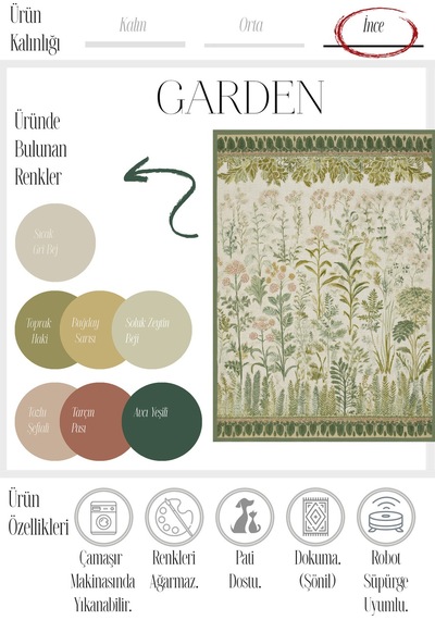 Garden 811 Yeşil Bej Botanik Çiçekli Halı Yıkanabilir İnce Dokuma Taban Salon Oturma Odası Halısı Yeşil Bej B