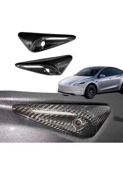 Tesla Model Y - Juniper - Model 3 Yan Kamera Çerçeve Kapağı Hw4.0 Oval Model 2 Adet Parlak Karbon Siyah