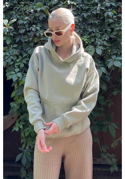 Çağla Yeşili Kapüşonlu Şardonlu Oversize Cepli Sweatshirt Mg2206 Yeşil