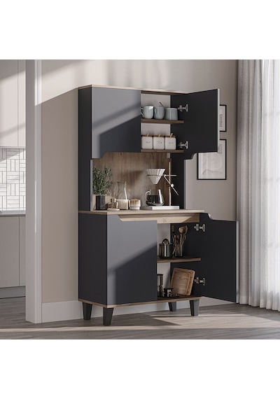 Defne Kahve Köşesi, Çok Amaçlı Dolap, 4 Kapaklı Kiler Dolabı, Mutfak Dolabı 90 Cm Atlantik Çam - Antrasit Defne Kahve Köşesi, Çok Amaçlı Dolap, 4 Kapaklı Kiler Dolabı, Mutfak Dolabı 90 Cm Atlantik Çam - Antrasit