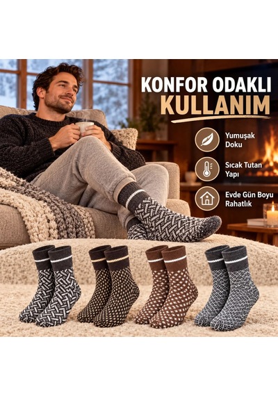 Bezos Erkek Kışlık Desenli Çorap 8'li Seti Sıcak Tutan Yumuşak Rahat Günlük Renkli Kısa Konç Çorap Paketi Dlra Çok Renkli