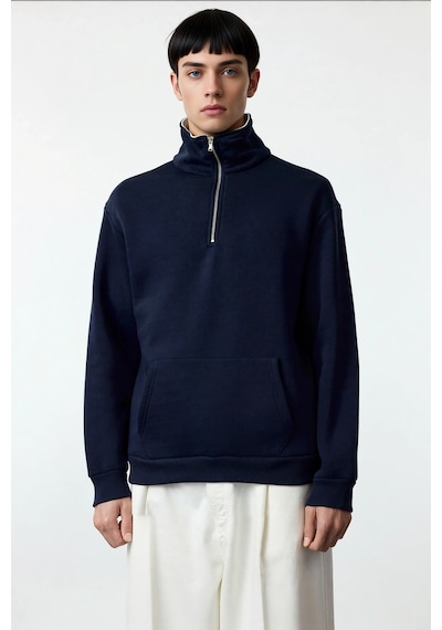 Benerly Erkek Fermuarlı Dik Yaka Düşük Kol Nakışlı Sweatshirt Fonksiyonel Lacivert