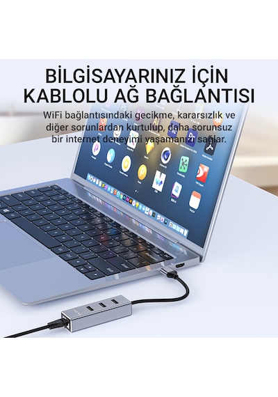 Veggieg Usb 2.0 To 100mbps Ethernet Çevirici Ve 3 Portlu Usb Hub Çoklayıcı