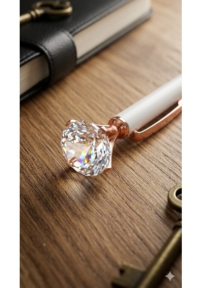 Rose Gold Detaylı Kristal Taşlı Beyaz Tükenmez Kalem Mavi