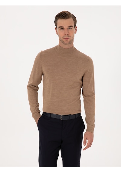 Cacharel Camel Slim Fit Yün Karışımlı Yarım Balıkçı Basic Triko Kazak Kahverengi