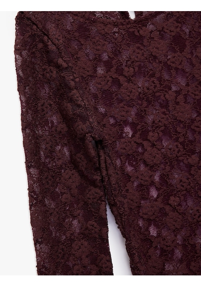 Koton Uzun Kollu Bisiklet Yaka Asimetrik Kesim Dantel Bluz Bordo 6wkg60113ak Bordo