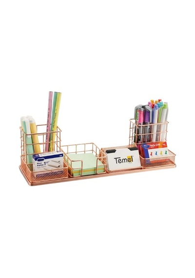 Temel Rose Gold Metal Mesh Modüler Masaüstü Organizer Seti 7 Parça 37x10 Cm 9519