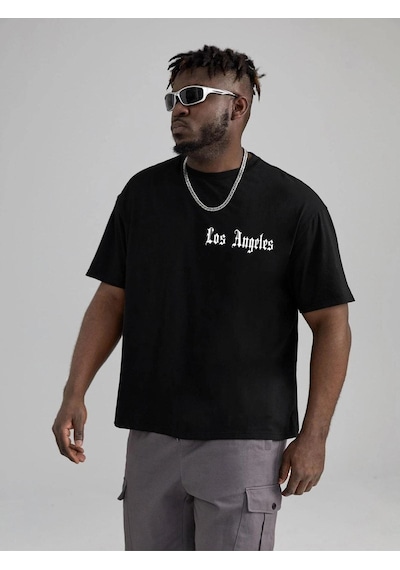 Erkek Siyah Oversiz Los Angeles Baskılı Örme T-shirt Siyah