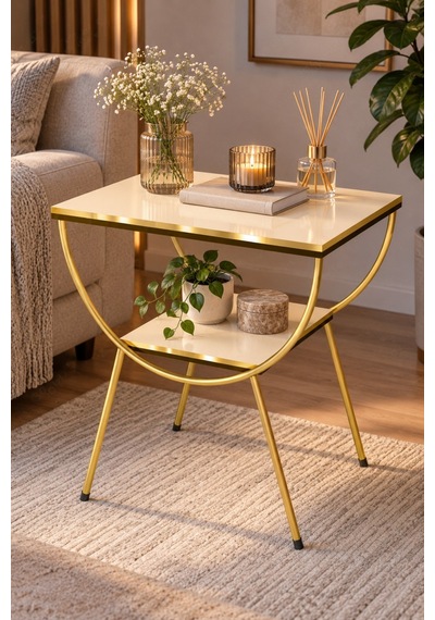 Sulorahome Yan Sehpa Komodin Gold Ve Krem Renkli İki Katlı Tasarım Altın - Krem