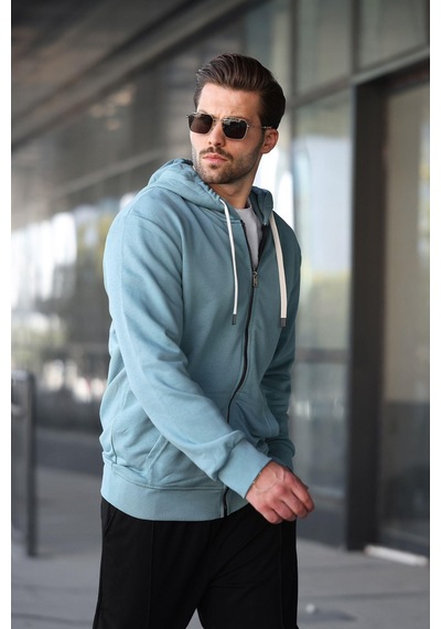 Madmext Soluk Mavi Fermuarlı Kapüşonlu Sweatshirt 6161 Mavi