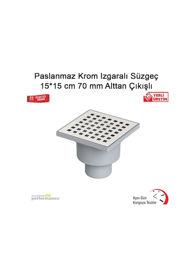 Paslanmaz Krom Izgaralı Süzgeç 15X15 Cm 70 Mm Alttan Çıkışlı