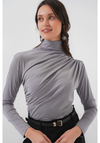 Hiccup Bdart Drape Detaylı Vücuda Oturan Dik Yaka Bluz Gri