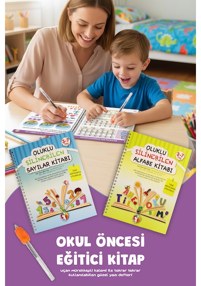 Oluklu Silinebilen Yazı Kitabı Seti Alfabe + Sayılar Sihirli Kalemli Kabartmalı Yaz-sil 3 6 Yaş