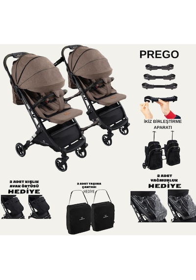 Yan Yana Birleştirmeli Kabin Boy İkiz Bebek Arabası Ayak Örtüsü + Yağmurluk + Taşıma Çantası