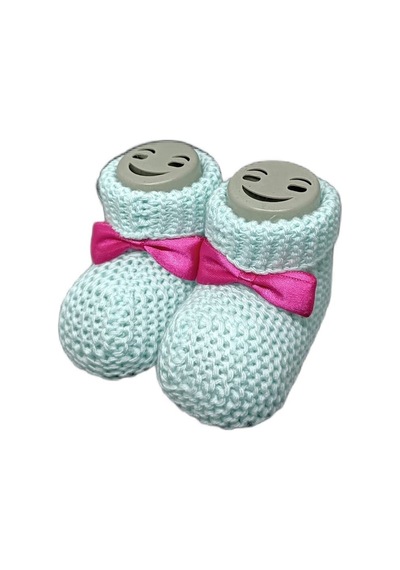 Bebek Patik, Fiyonklu Örme Dikişsiz Bebek Patiği, Triko Örgü 0-12 Ay Beyaz - Pembe