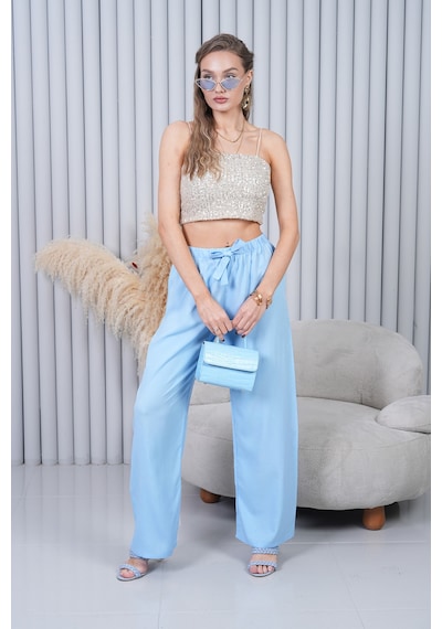 Polologin Butik Beli Bağcıklı Yüksek Bel Bol Paça Açık Mavi Pantolon Mavi