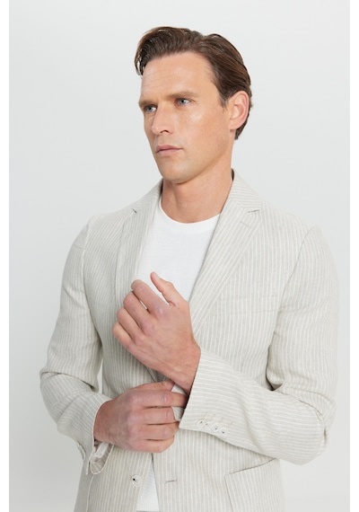 AC&Co / Altınyıldız Classics Erkek Bej %100 Keten Slim Fit Dar Kesim Mono Yaka Diagonal Desenli Torba Cepli Takım Elbise Bej
