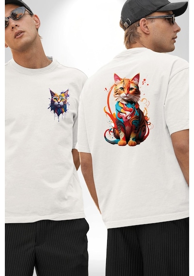 Renkli Yağlı Boya Kedi Beyaz Oversize Unisex Ön Ve Sırt Baskılı Tişört Beyaz