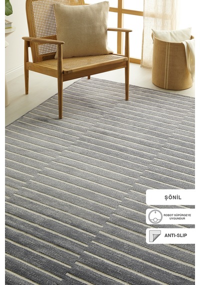Ocean Home Textile Gri Renk Çizgi Desenli Şönil Halı Kilim 160 X 230 Cm