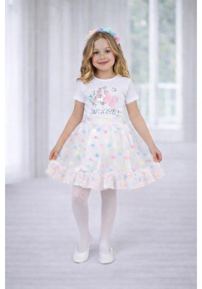 Dıgıl Kids Kız Çocuk Çok Renkli Kelebek Desenli Tshirt Etek Takım Beyaz - Çok Renkli