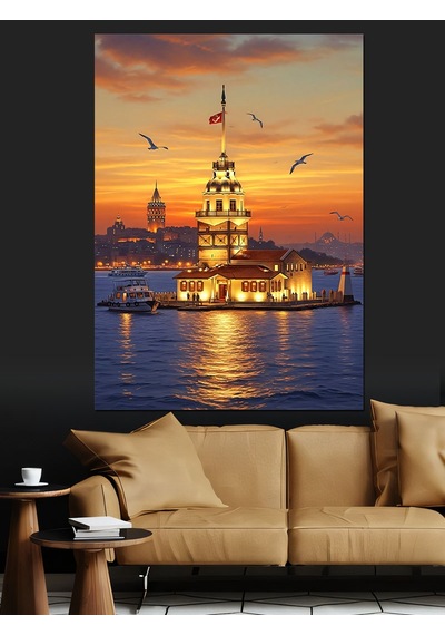 Ahşap Tablo Gece Işıkları Altında İstanbul Kız Kulesi