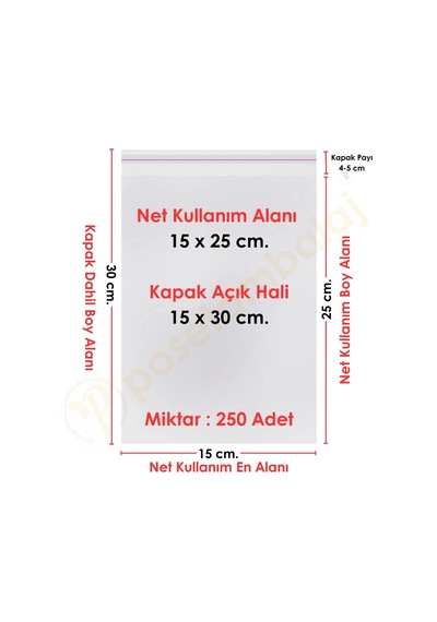 15x25+5 Cm. 15x30 250 Adet Şeffaf Bantlı Yapışkanlı Opp Poşet