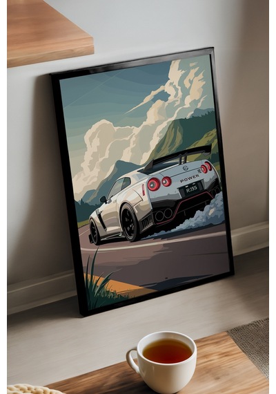 Nissan Gtr Siyah Ahşap Çerçeveli Poster, Dekoratif Araba Duvar Tablosu