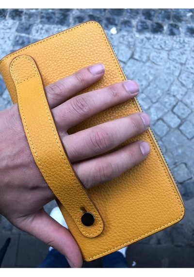Karalı Deri Unisex Hakiki Deri Telefon Bölmeli Cüzdan Sarı