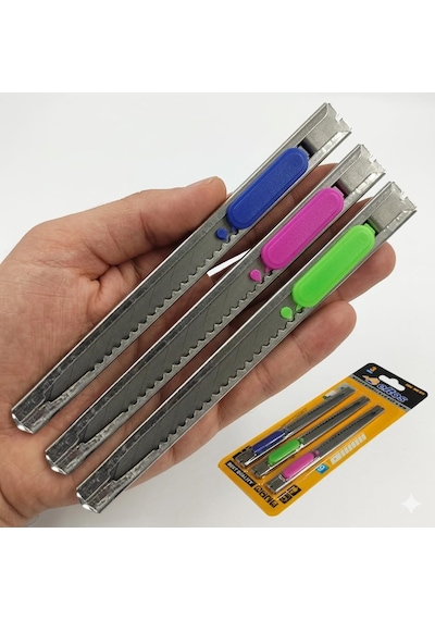 Eltos 3'lü Metal Maket Bıçağı Seti - 9mm İnce Dar Tip, Paslanmaz Çelik Gövde, Hassas Kesim İçin Kilitli Mekani