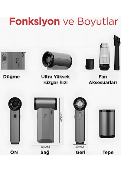 Turbo Jet Fan Taşınabilir Şarjlı Hava Üfleyici 130000rpm - Güçlü Vakum Ve Üfleme