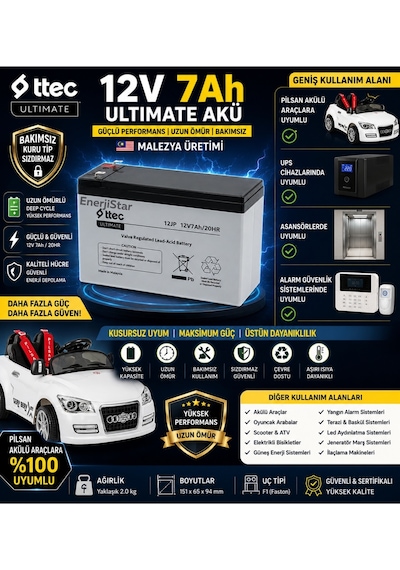 Ttec Ultimate 12v 7ah Bakımsız Akü Akülü Çocuk Arabası Ve Ups İçin