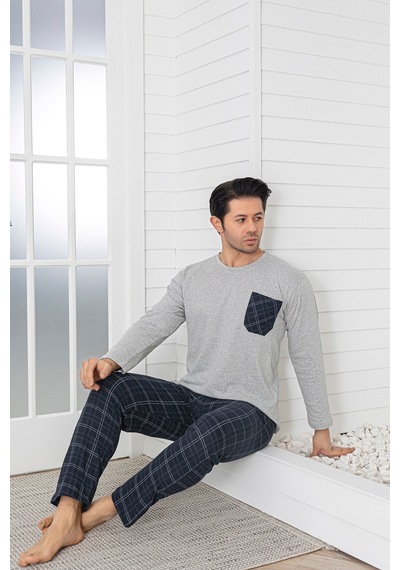 Sude Homewear Erkek Ekoseli Cepli Uzun Kollu Pijama Takımı Gri
